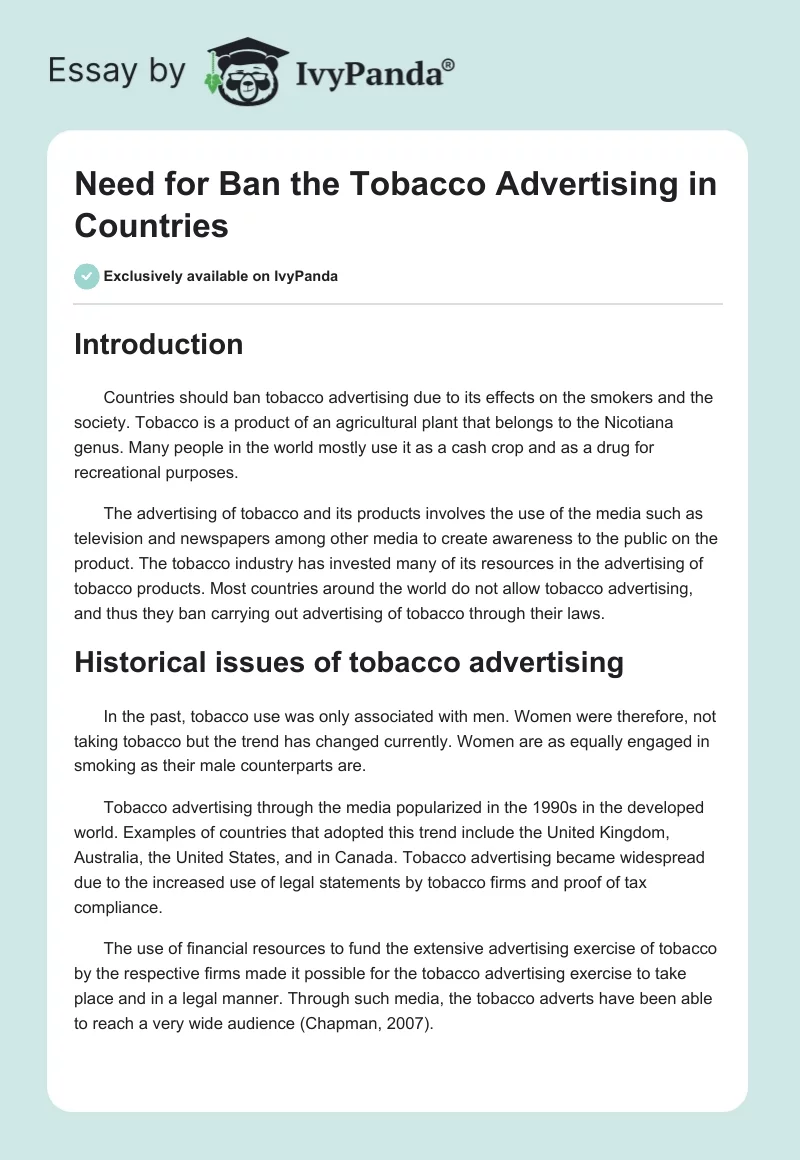 Need for Ban the Tobacco Advertising in Countries. Page 1