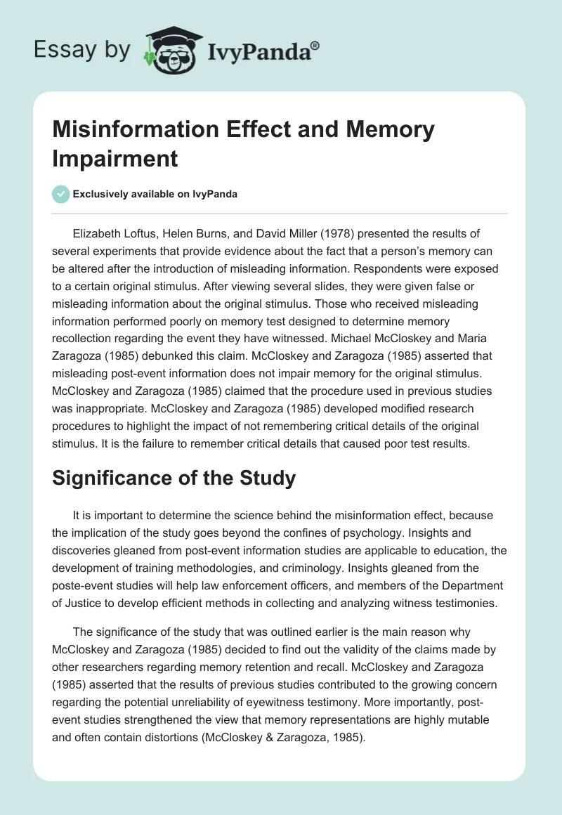 Misinformation Effect and Memory Impairment. Page 1