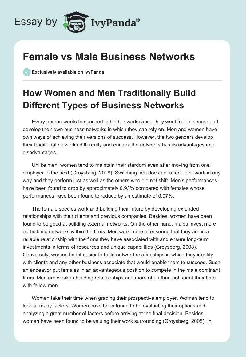Female vs Male Business Networks. Page 1