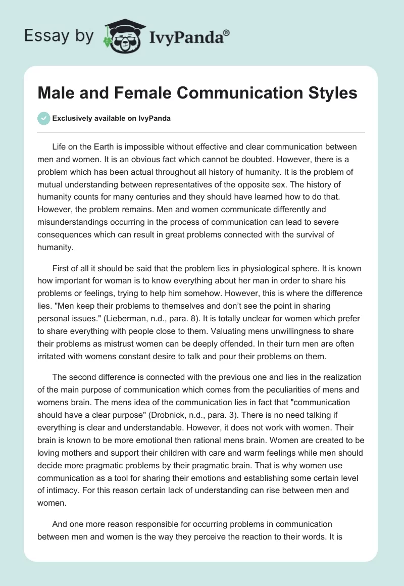 Male and Female Communication Styles. Page 1