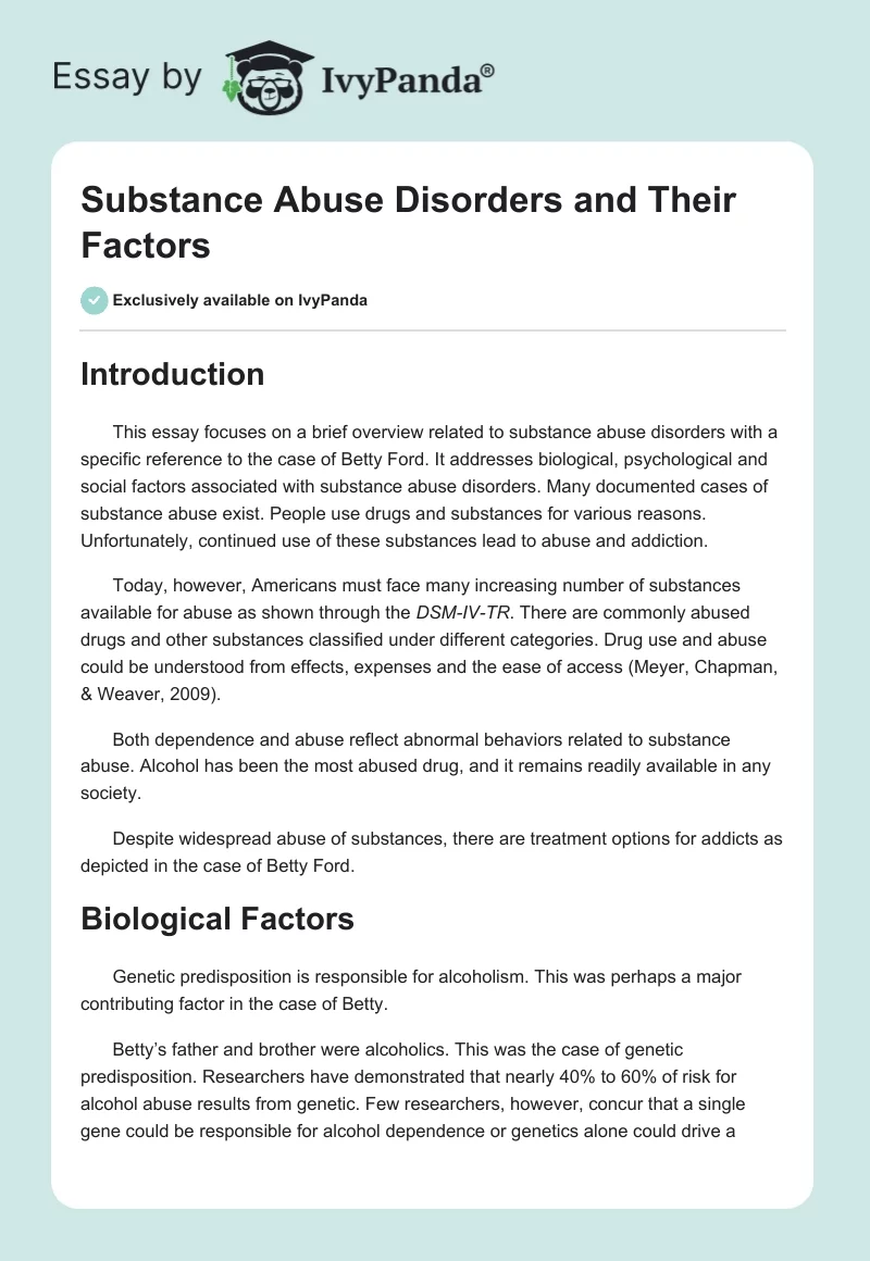 Substance Abuse Disorders and Their Factors. Page 1
