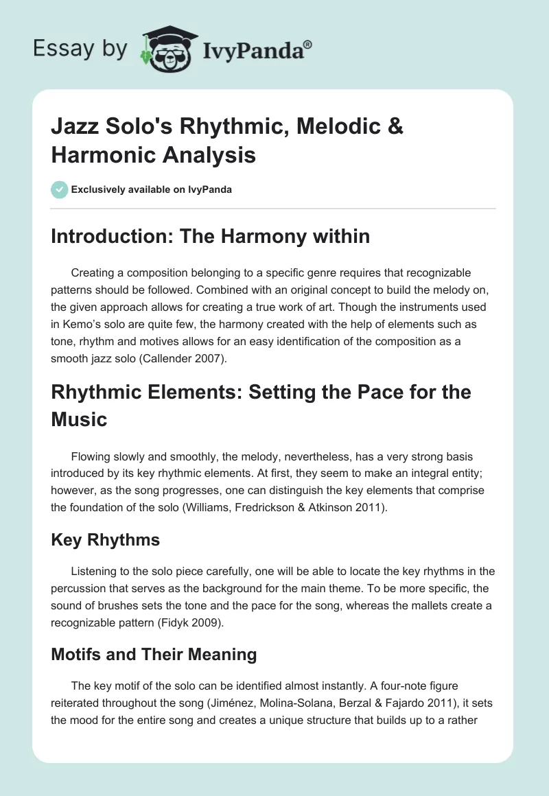 Jazz Solo's Rhythmic, Melodic & Harmonic Analysis. Page 1