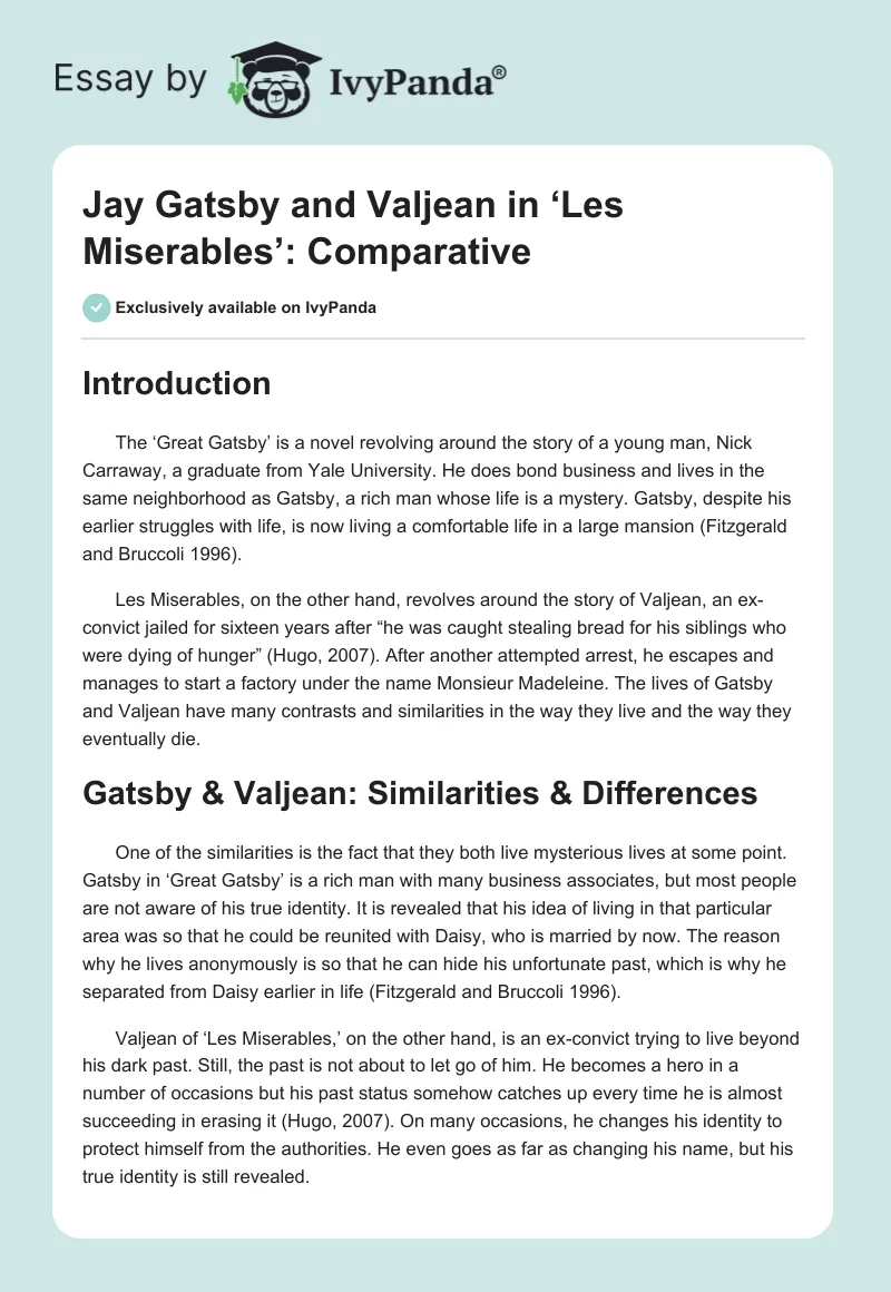 Jay Gatsby and Valjean in ‘Les Miserables’: Comparative. Page 1