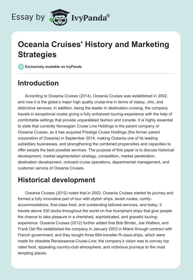 Oceania Cruises' History and Marketing Strategies. Page 1