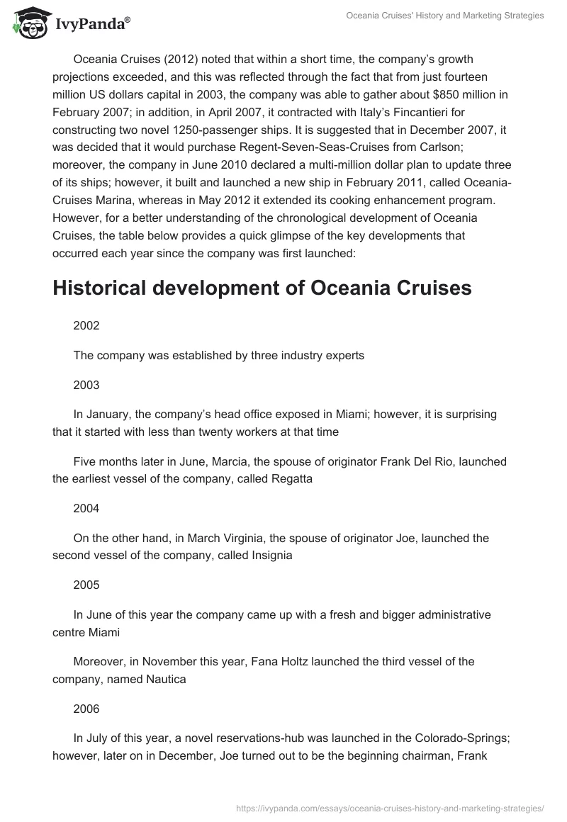 Oceania Cruises' History and Marketing Strategies. Page 2