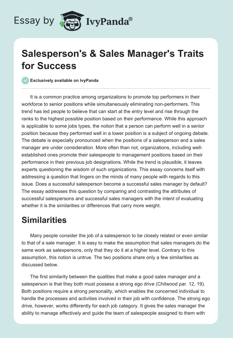 Salesperson's & Sales Manager's Traits for Success. Page 1