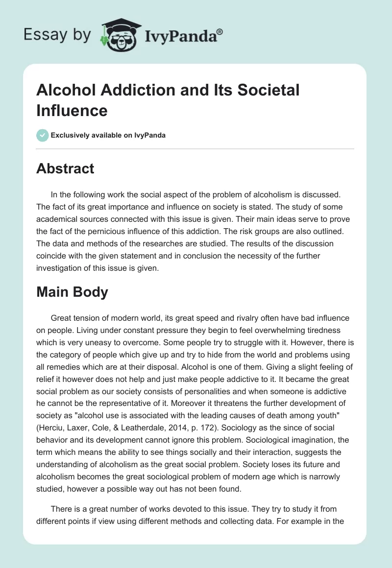 Alcohol Addiction and Its Societal Influence. Page 1
