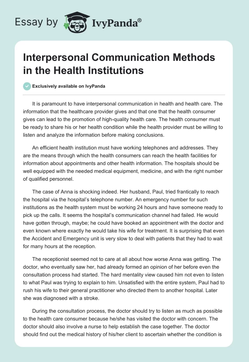 Interpersonal Communication Methods in the Health Institutions. Page 1
