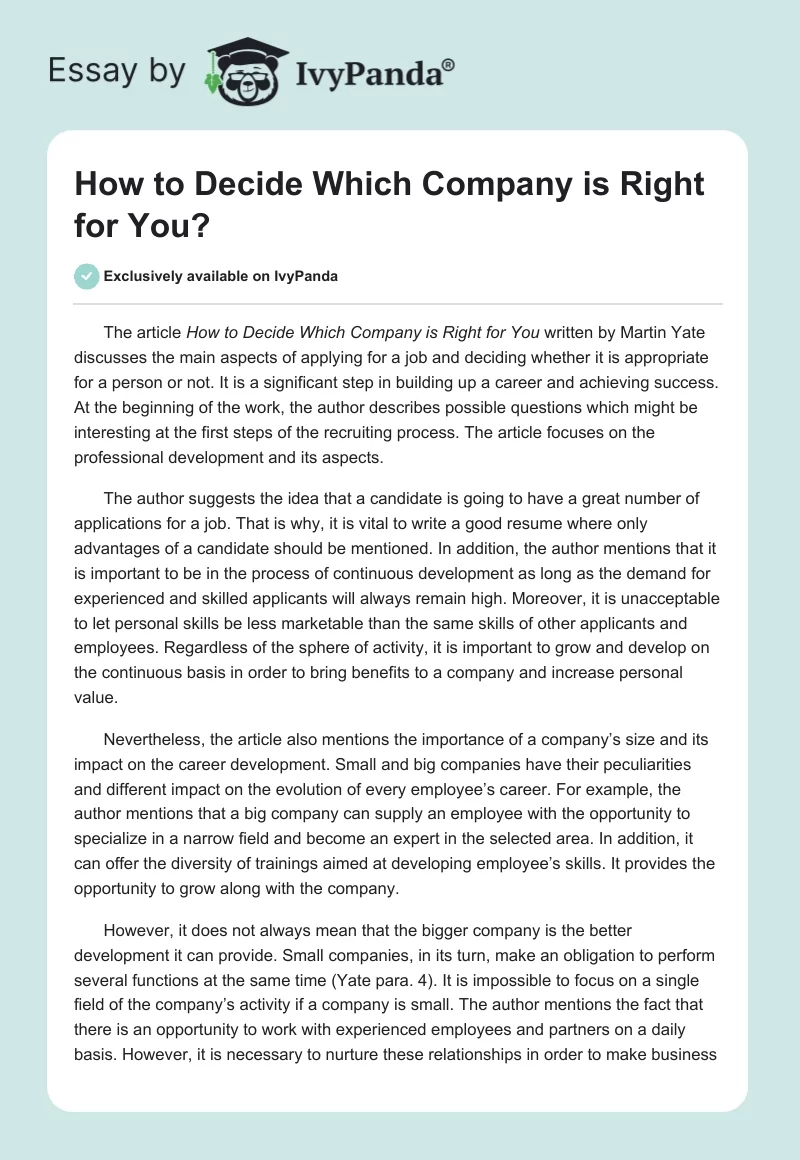 How to Decide Which Company is Right for You?. Page 1
