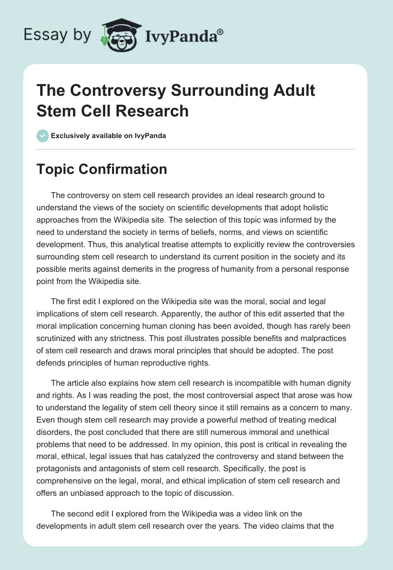 The Controversy Surrounding Adult Stem Cell Research. Page 1
