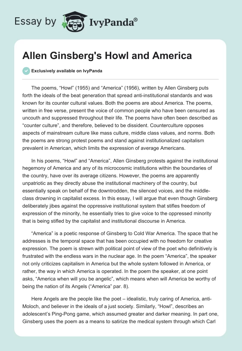 Allen Ginsberg's "Howl" and "America". Page 1