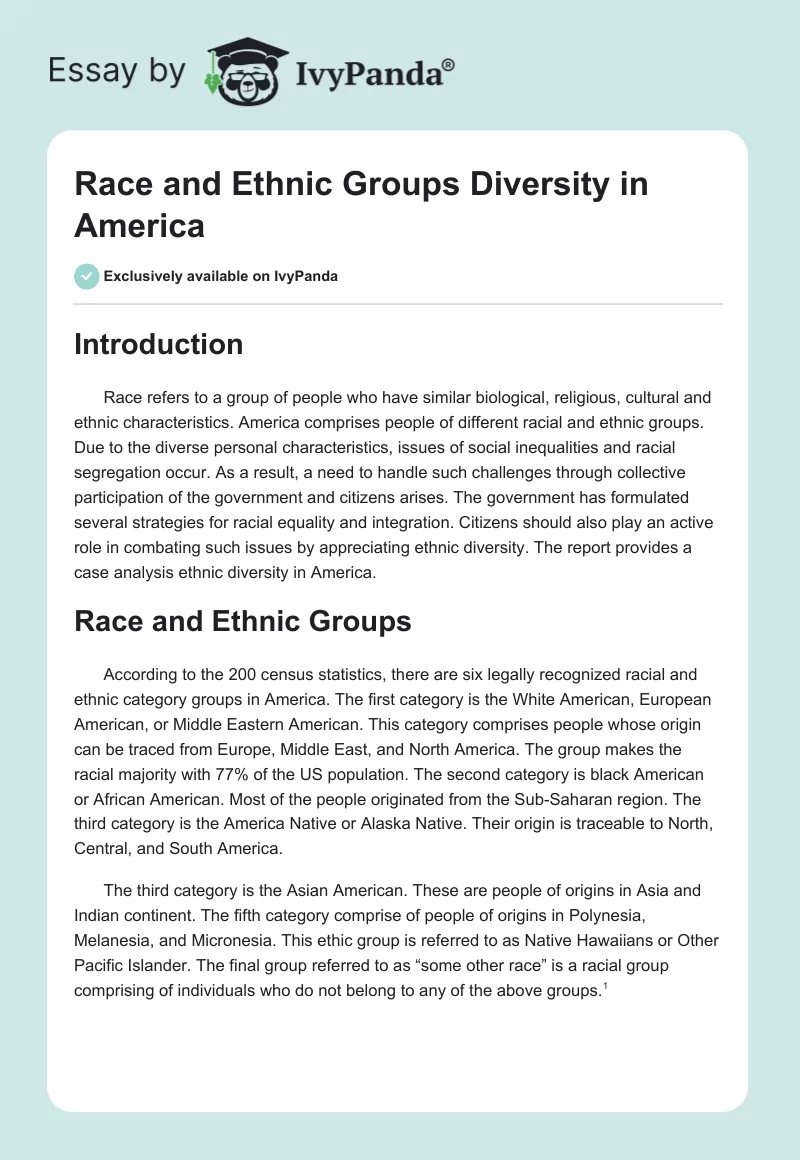 Race and Ethnic Groups Diversity in America. Page 1