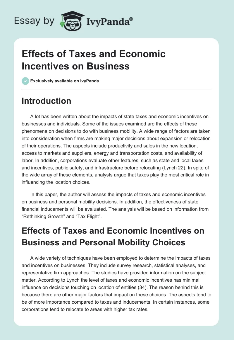 Effects of Taxes and Economic Incentives on Business. Page 1