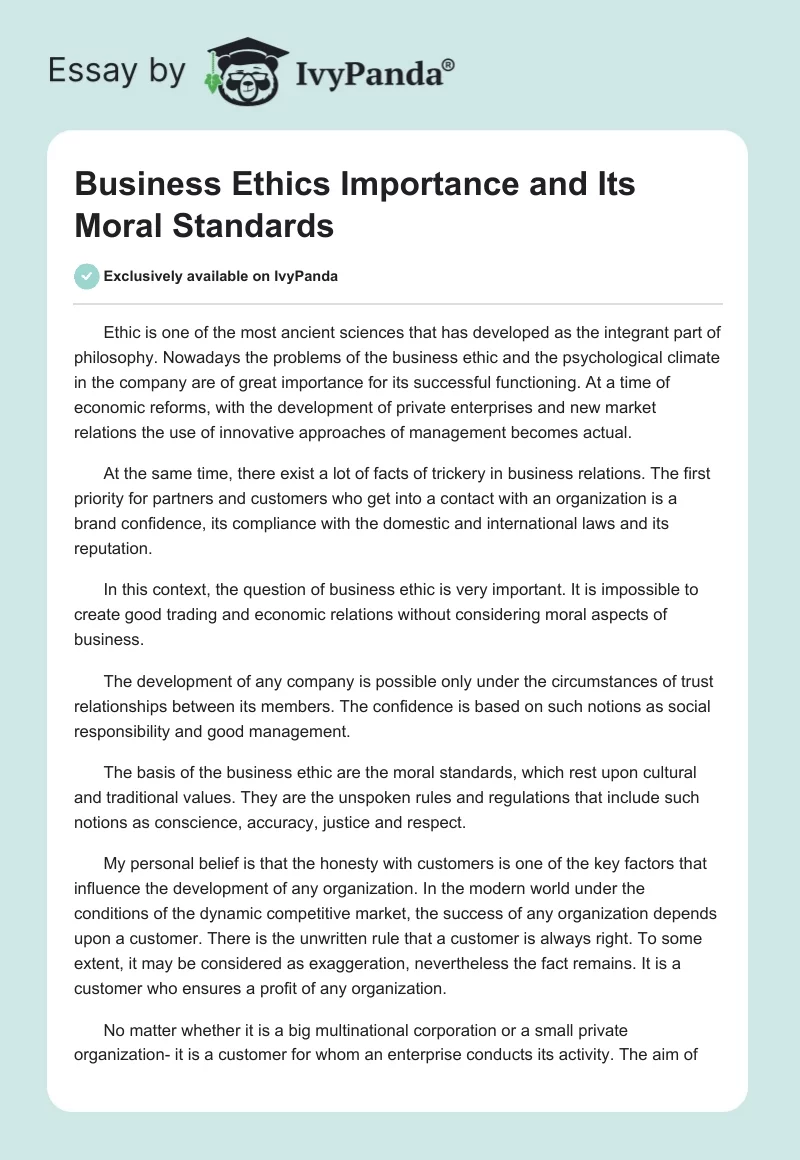 Business Ethics Importance and Its Moral Standards. Page 1