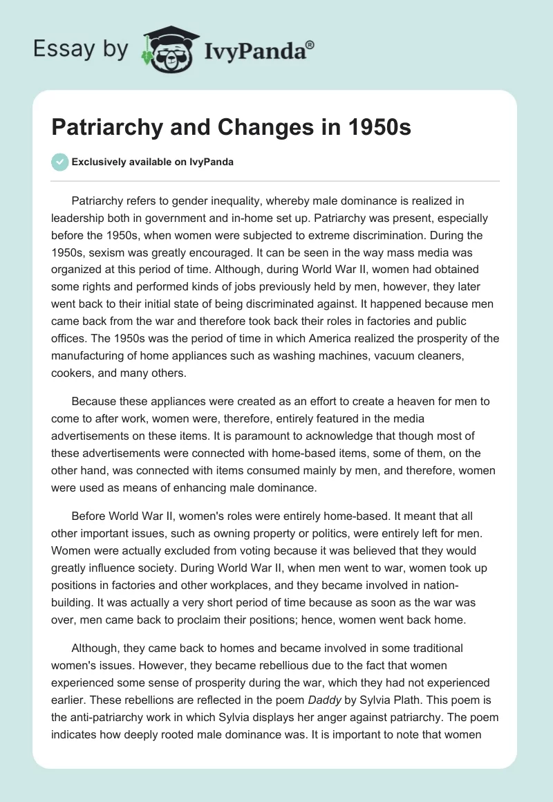 Patriarchy and Changes in 1950s. Page 1