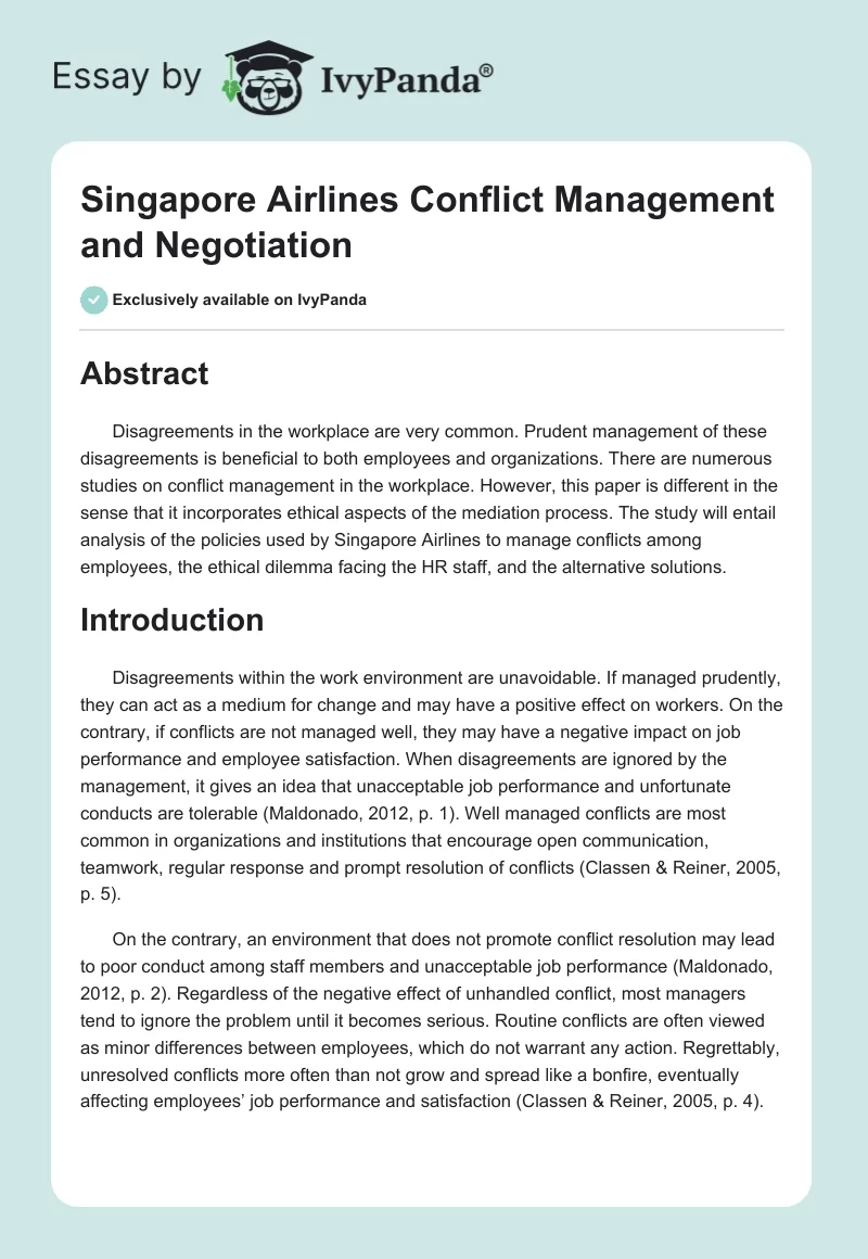 Singapore Airlines Conflict Management and Negotiation. Page 1
