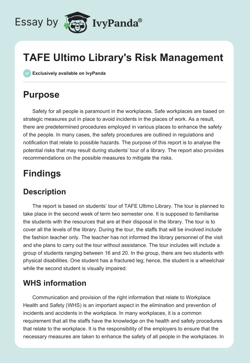 TAFE Ultimo Library's Risk Management. Page 1