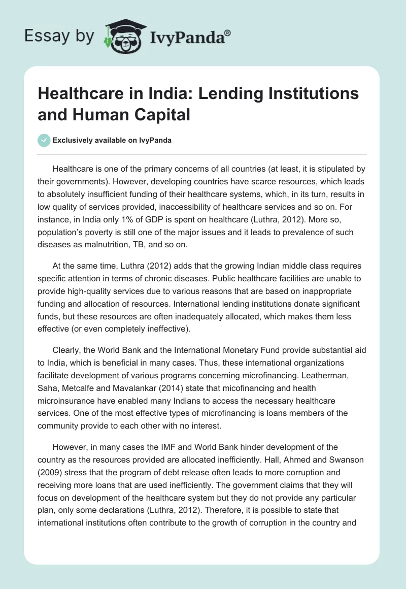 Healthcare in India: Lending Institutions and Human Capital. Page 1