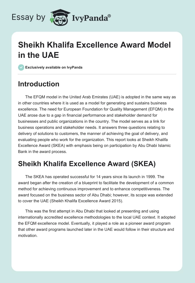 Sheikh Khalifa Excellence Award Model in the UAE. Page 1
