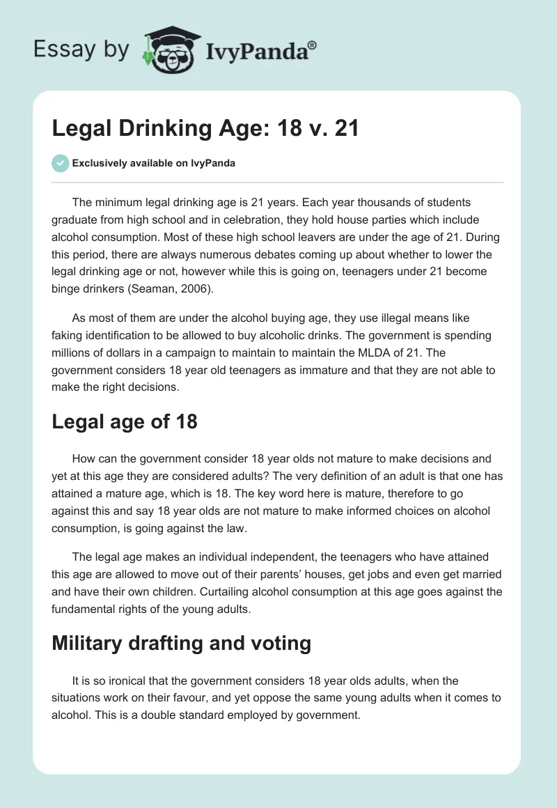 Legal Drinking Age: 18 v. 21. Page 1