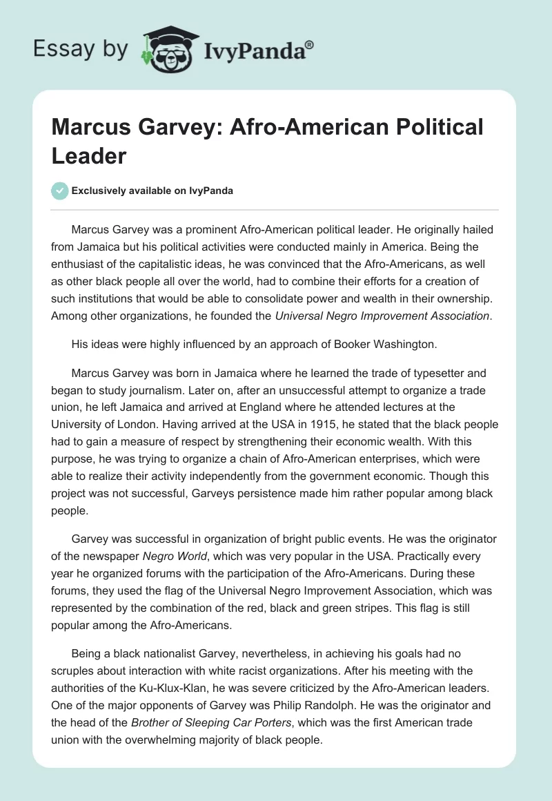 Marcus Garvey: Afro-American Political Leader. Page 1