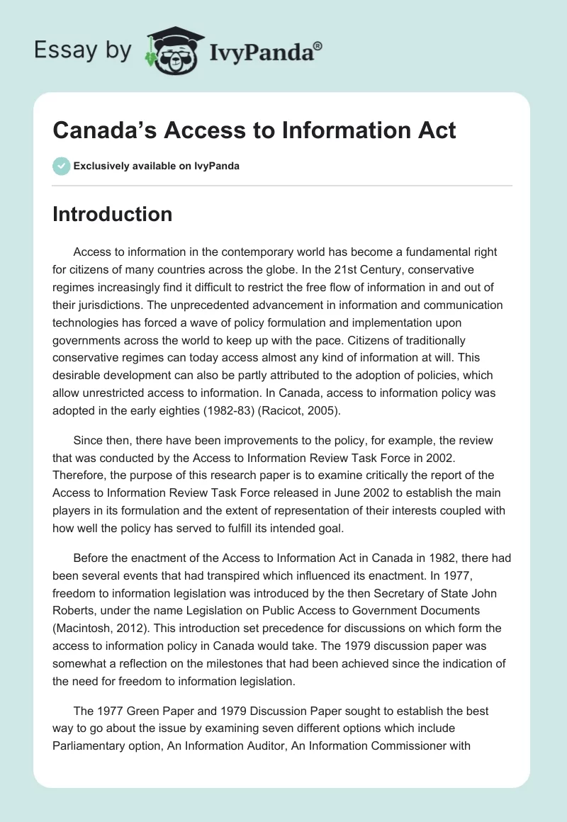 Canada’s Access to Information Act. Page 1