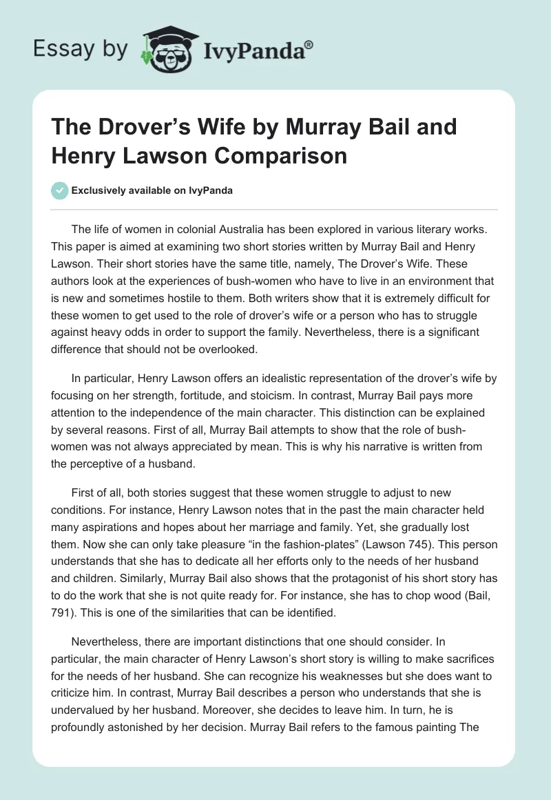 The Drover’s Wife by Murray Bail and Henry Lawson Comparison. Page 1