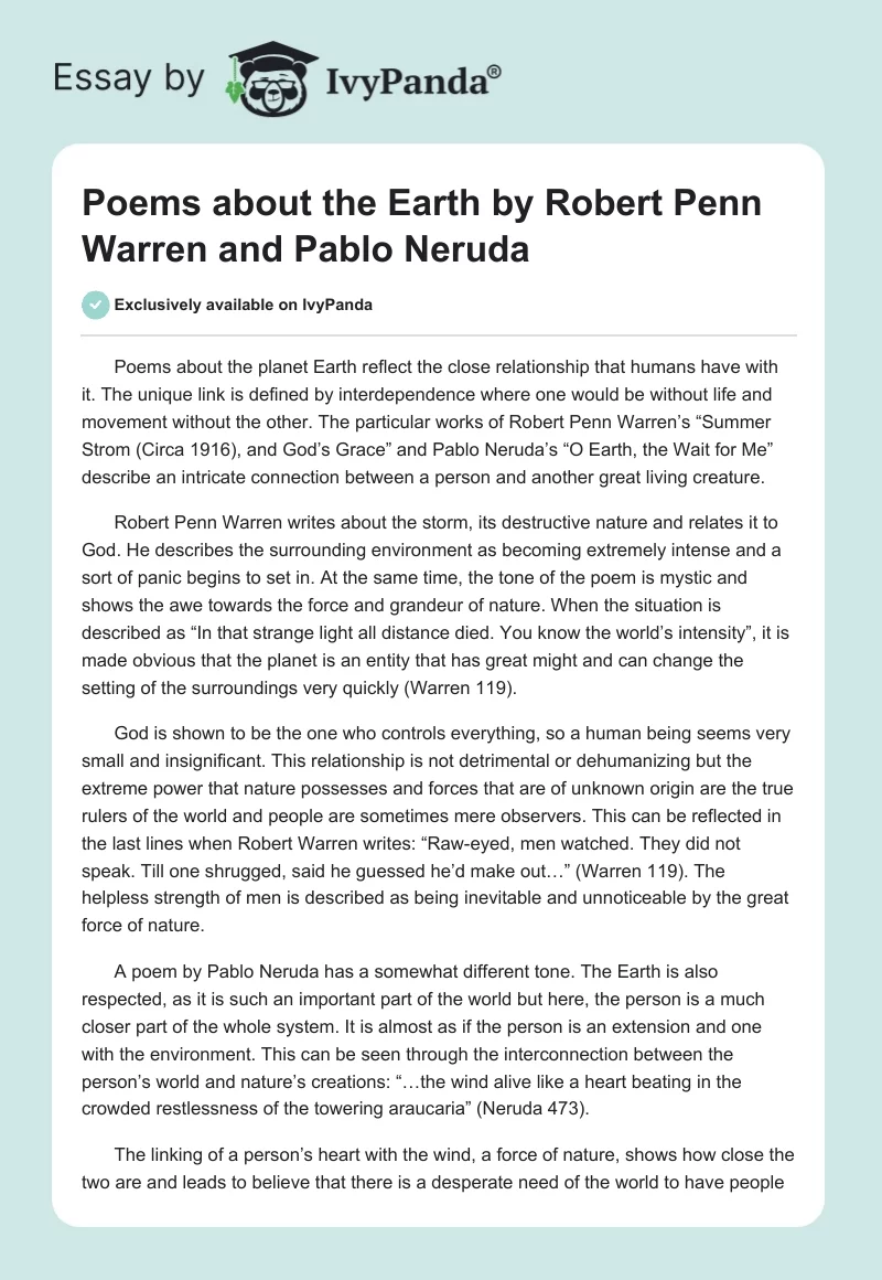 Poems about the Earth by Robert Penn Warren and Pablo Neruda. Page 1