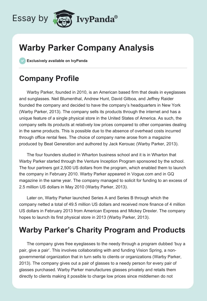 Warby Parker Company Analysis. Page 1