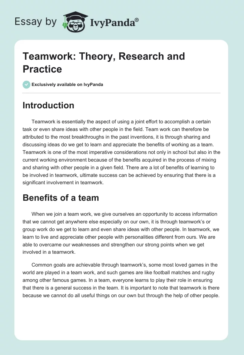 Teamwork: Theory, Research and Practice. Page 1