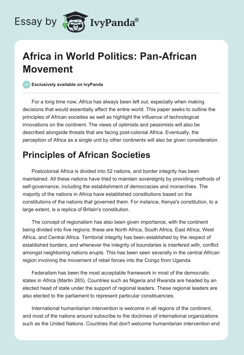 Africa in World Politics: Pan-African Movement. Page 1