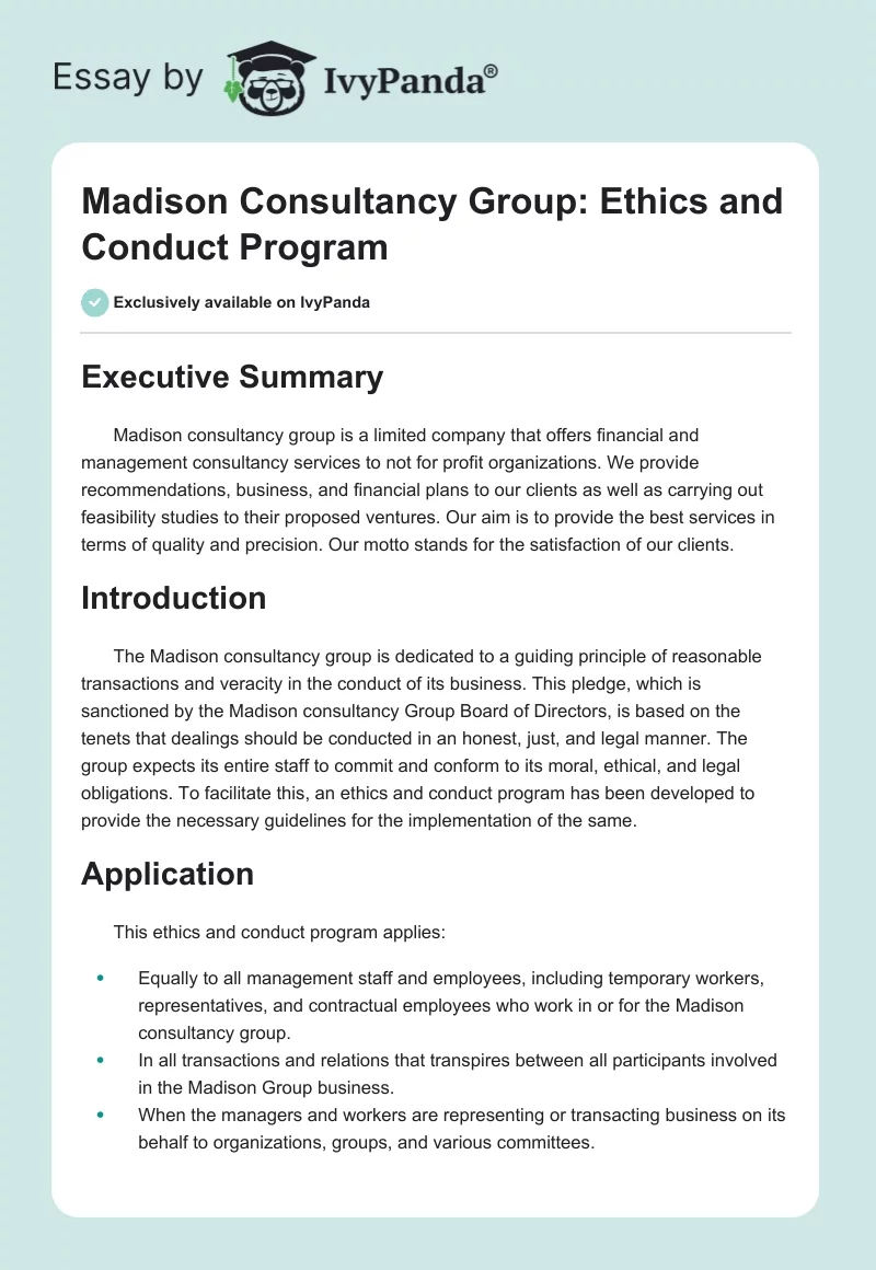 Madison Consultancy Group: Ethics and Conduct Program. Page 1