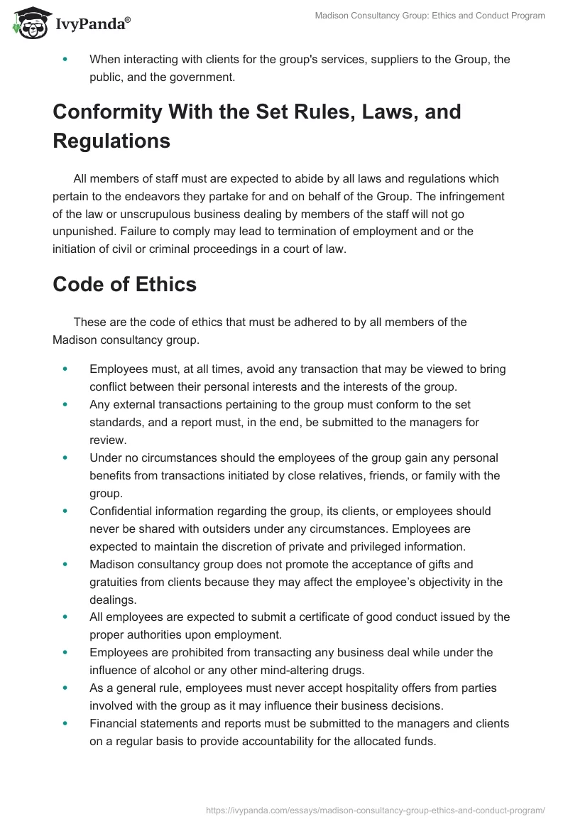 Madison Consultancy Group: Ethics and Conduct Program. Page 2