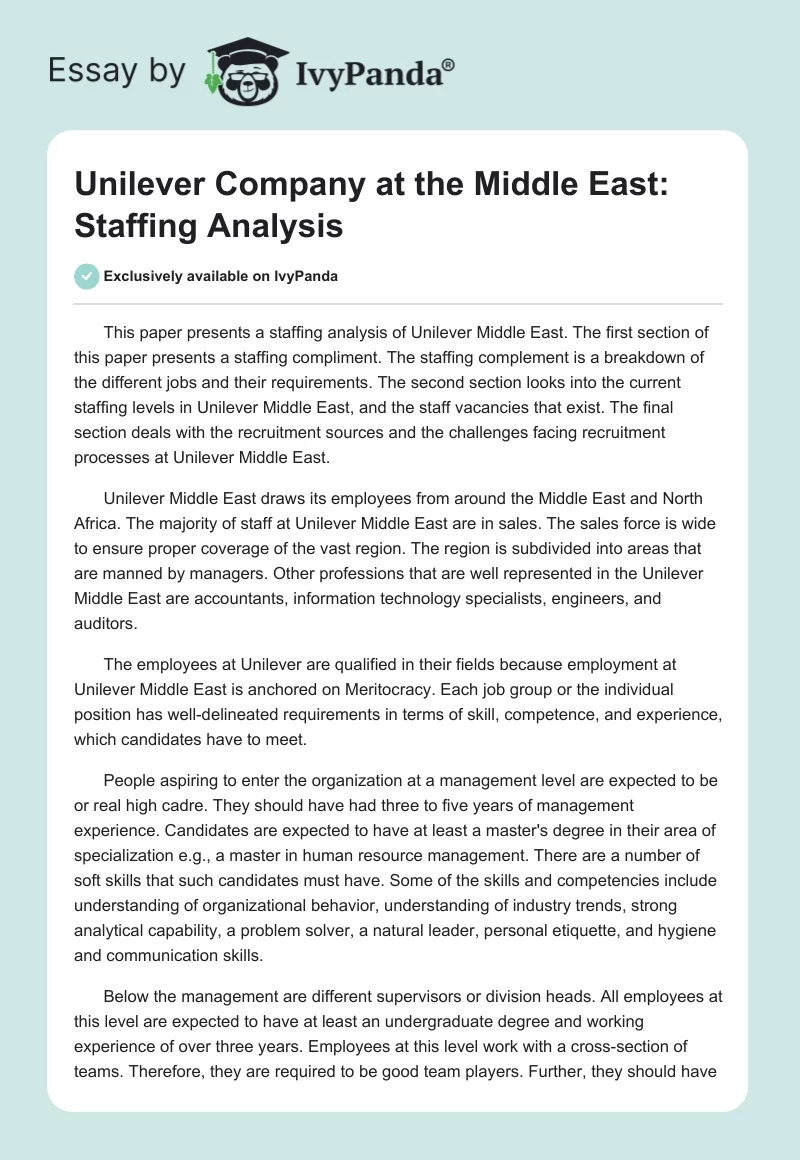 Unilever Company at the Middle East: Staffing Analysis. Page 1