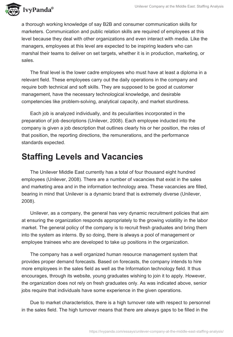 Unilever Company at the Middle East: Staffing Analysis. Page 2