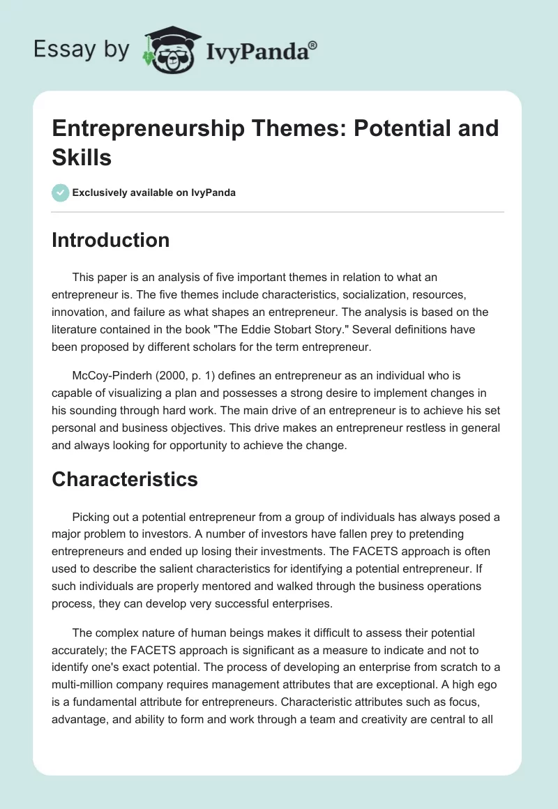 Entrepreneurship Themes: Potential and Skills. Page 1