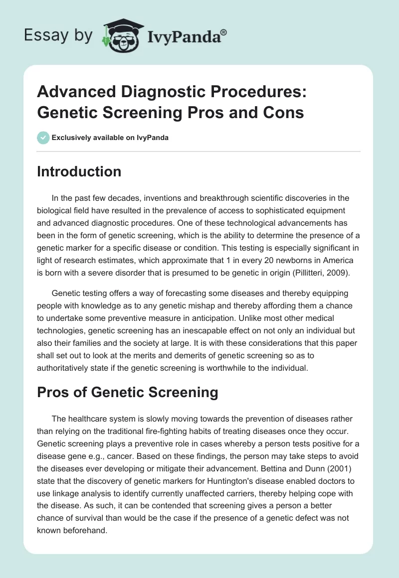 Advanced Diagnostic Procedures: Genetic Screening Pros and Cons. Page 1