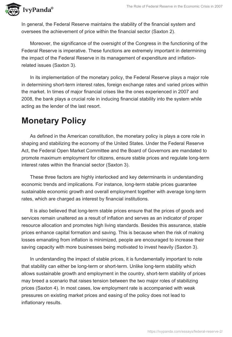 The Role of Federal Reserve in the Economic Crisis in 2007. Page 2