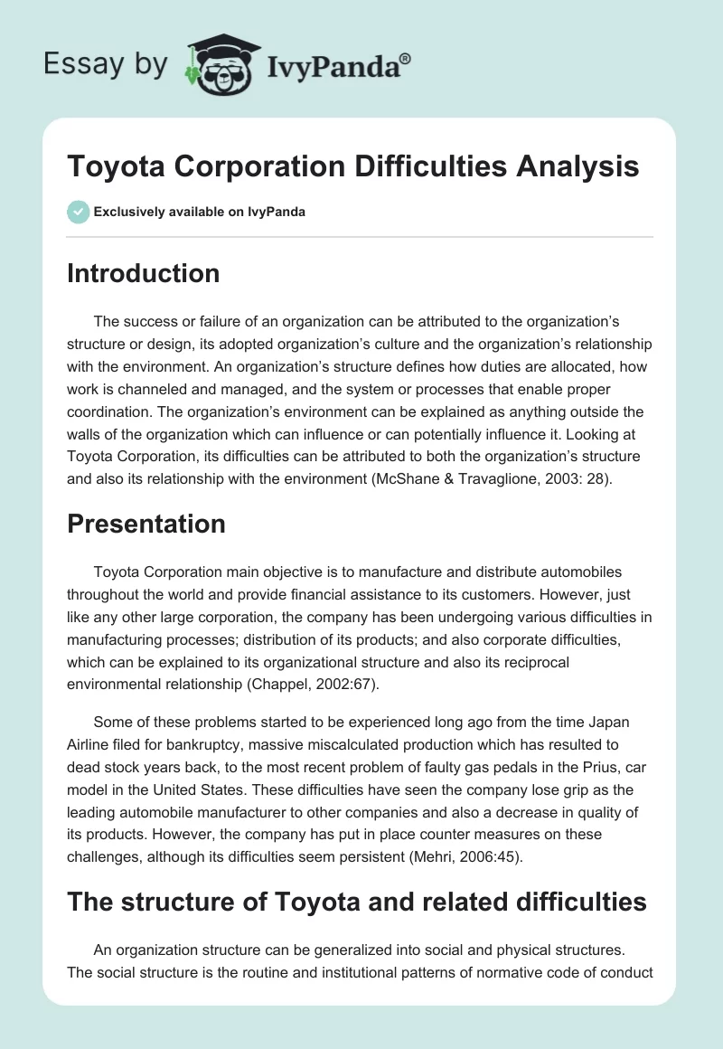 Toyota Corporation Difficulties Analysis. Page 1