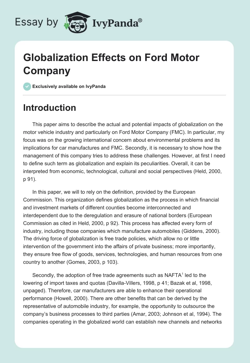 Globalization Effects on Ford Motor Company. Page 1