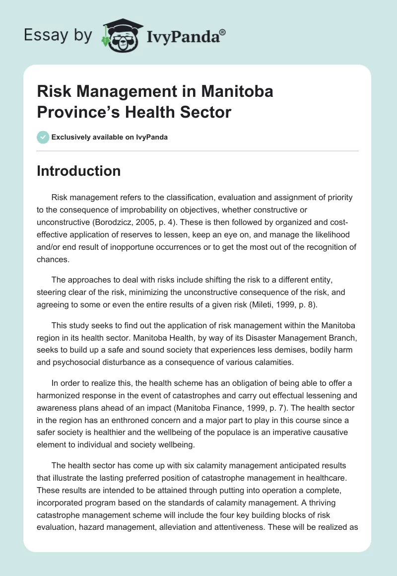 Risk Management in Manitoba Province’s Health Sector. Page 1
