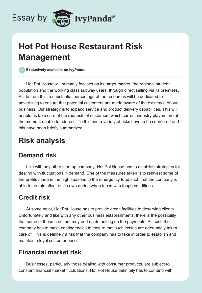 Hot Pot House Restaurant Risk Management. Page 1