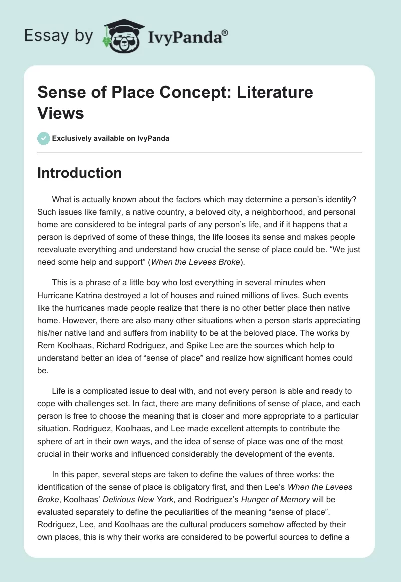 "Sense of Place" Concept: Literature Views. Page 1