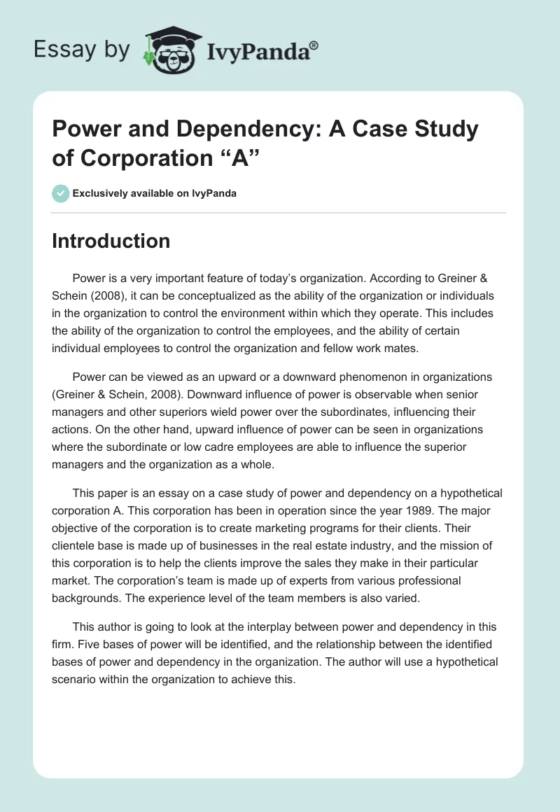 Power and Dependency: A Case Study of Corporation “A”. Page 1