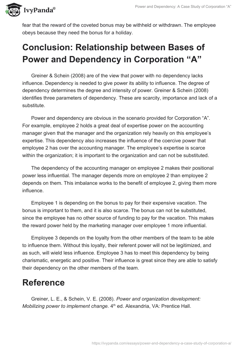 Power and Dependency: A Case Study of Corporation “A”. Page 4