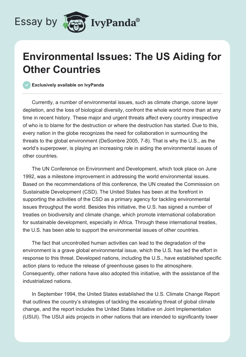 Environmental Issues: The US Aiding for Other Countries. Page 1
