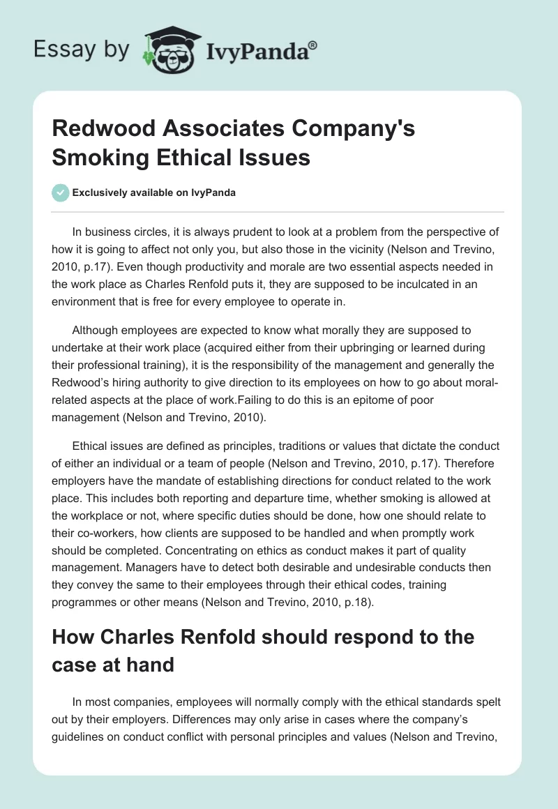 Redwood Associates Company's Smoking Ethical Issues. Page 1