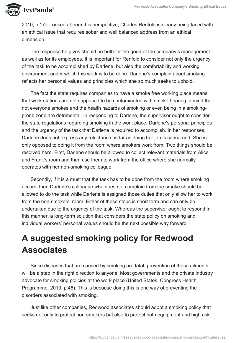 Redwood Associates Company's Smoking Ethical Issues. Page 2