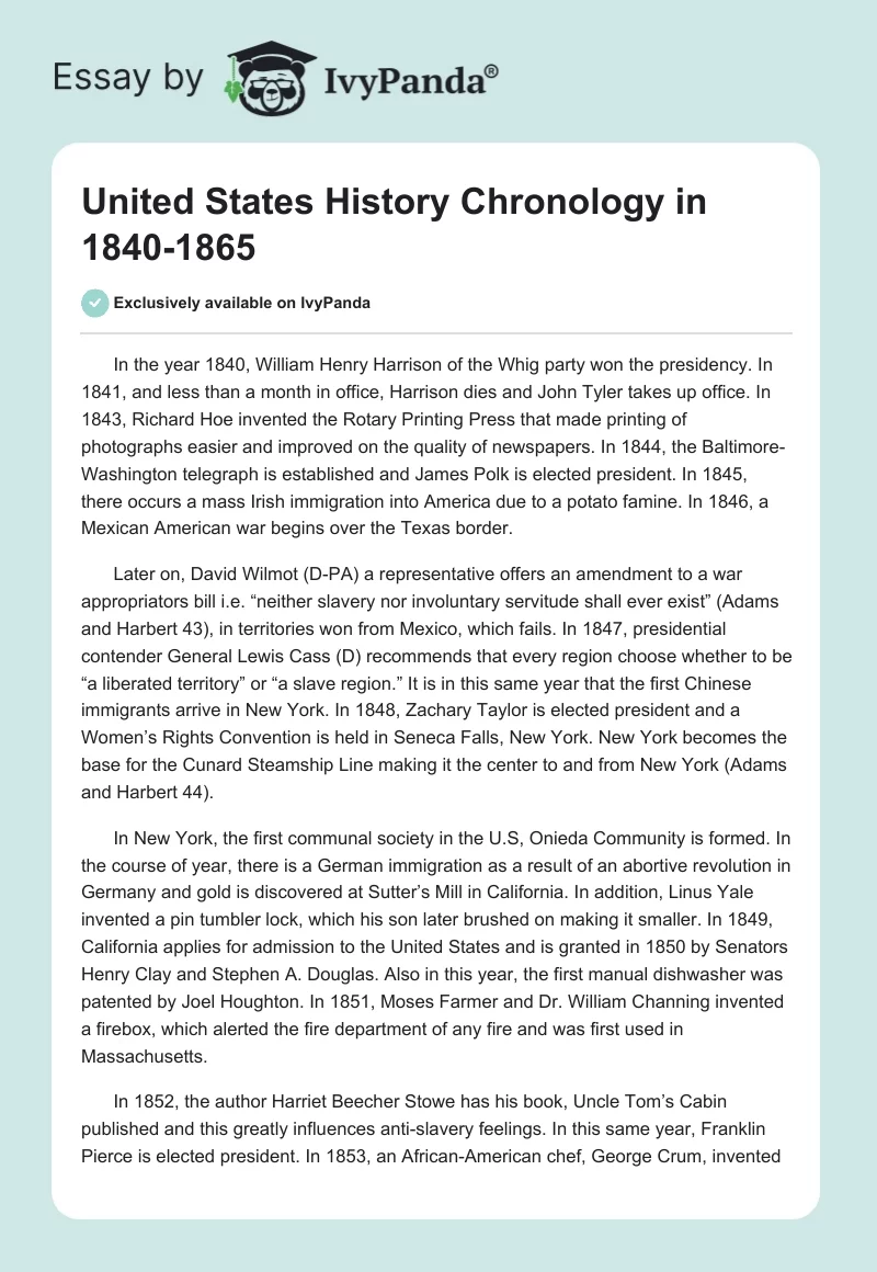 United States History Chronology in 1840-1865. Page 1