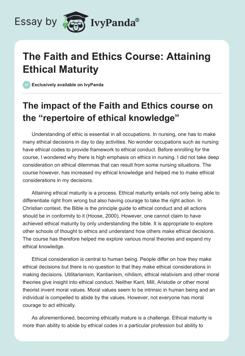 The Faith and Ethics Course: Attaining Ethical Maturity. Page 1